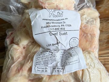Packaged beef suet with label from Fredericksburg, PA, weighing 2.75 pounds.