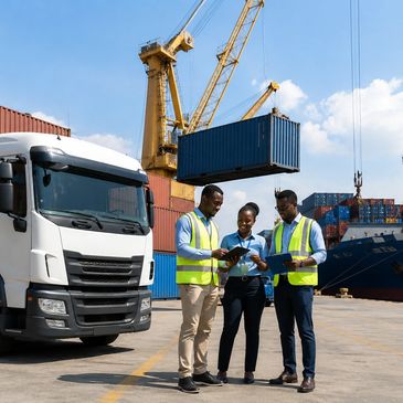 Three logistics workers coordinating at a shipping port.