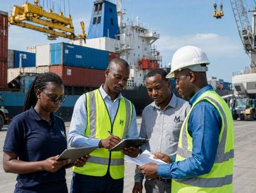 Workers in safety gear review documents at a shipping port.