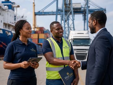 Three business professionals shaking hands at a port.