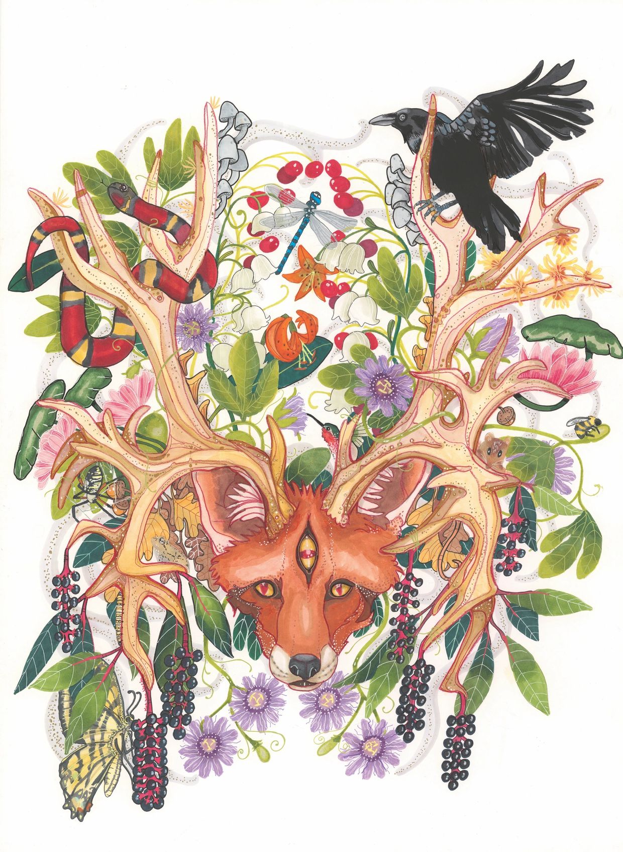 A mystical fox head with a third eye and antlers intertwined with leaves and animals.