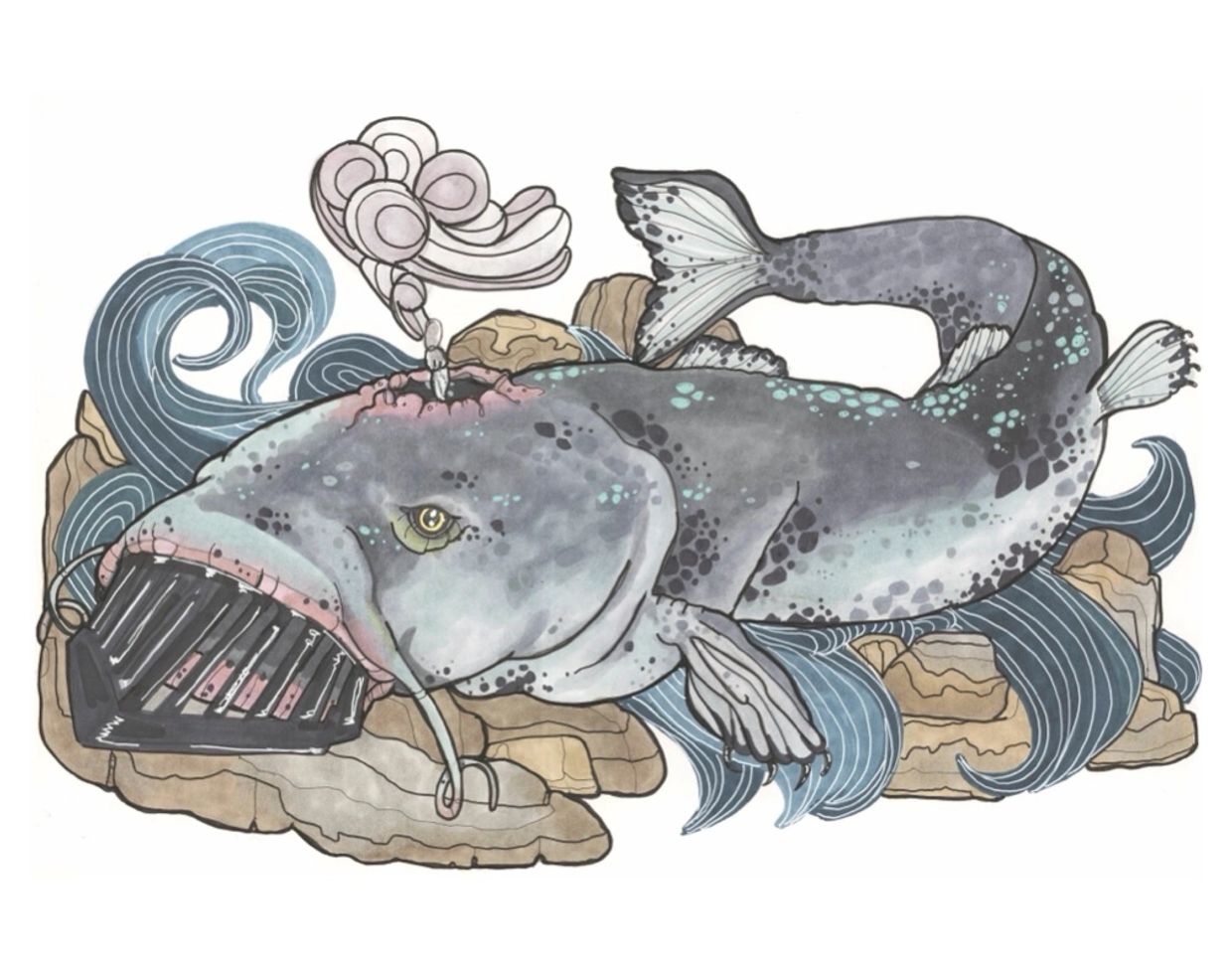 Illustration of a giant whale with a cage-like mouth.