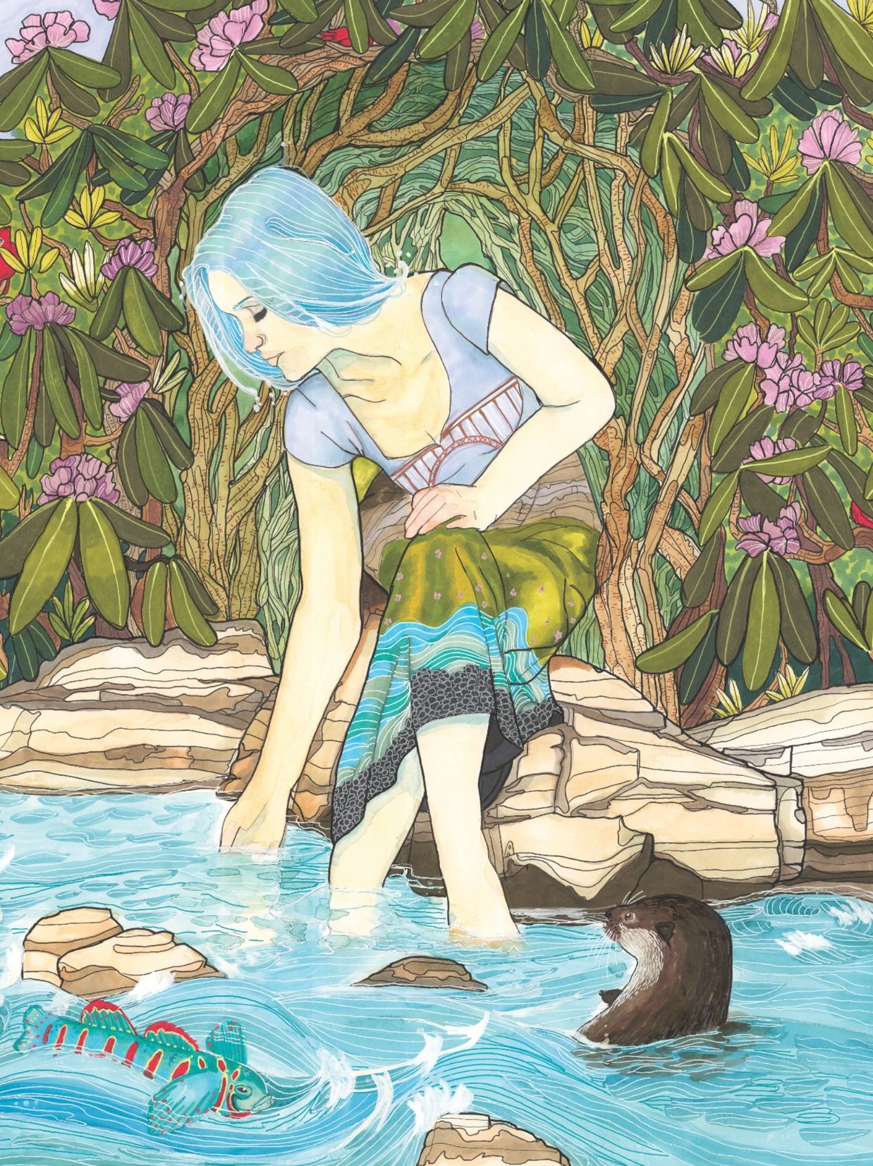 A woman with blue hair touches water near an otter in a lush forest scene.