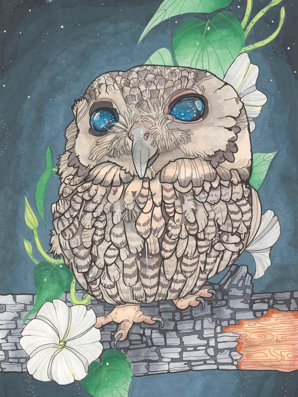 Whimsical owl with starry blue eyes perched on a stone wall surrounded by flowers.