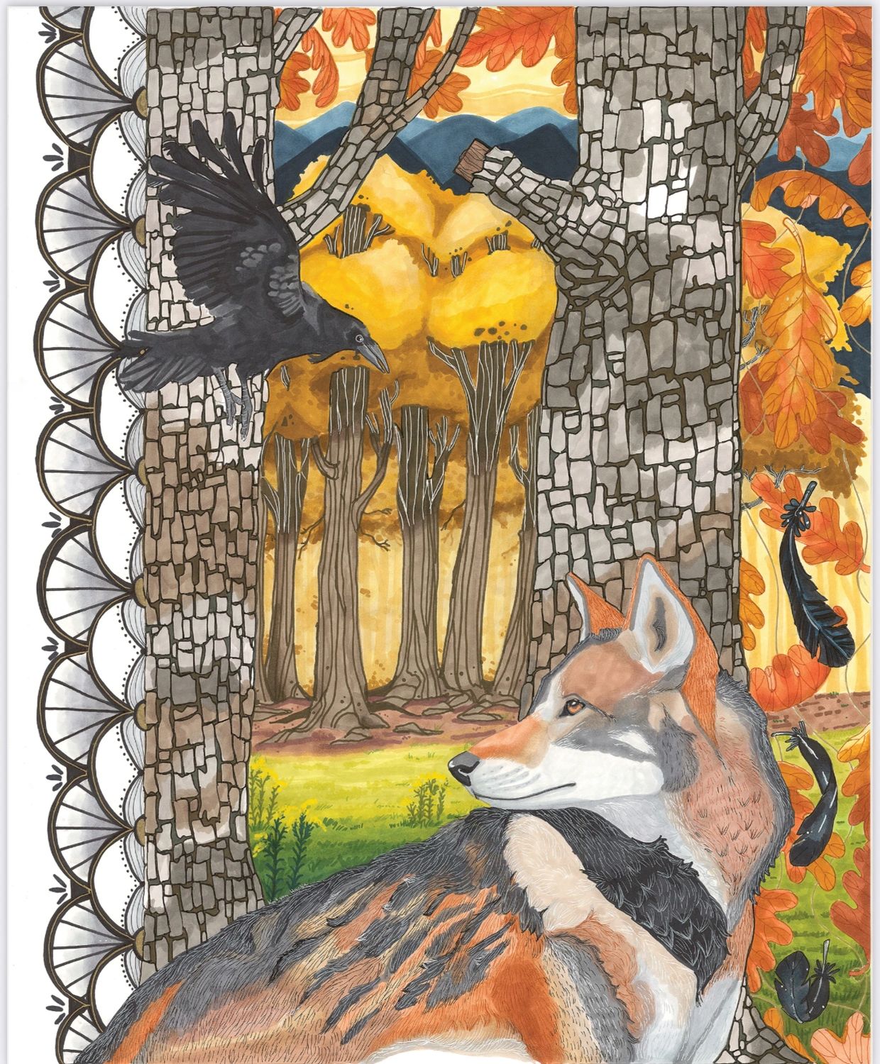 Illustration of a wolf and a crow in an autumn forest with detailed tree bark and falling leaves.