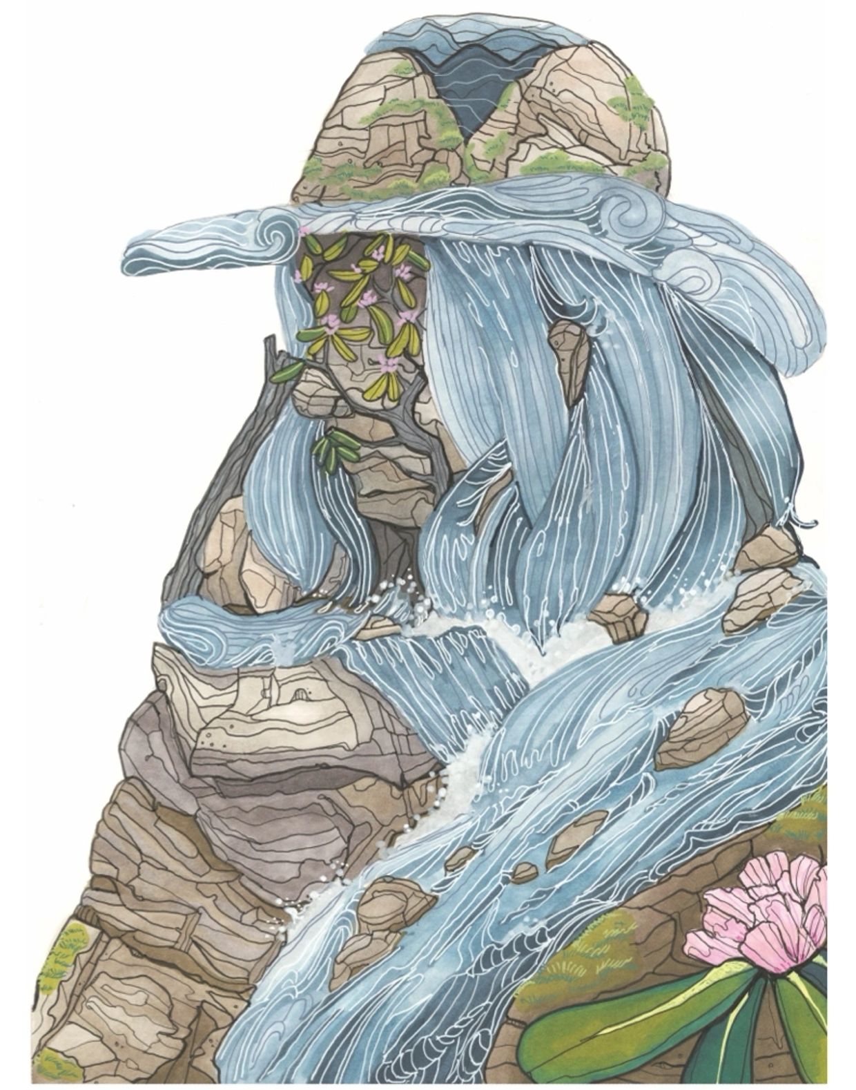 Stylized profile of a person made of flowing water and rocks with a flower.