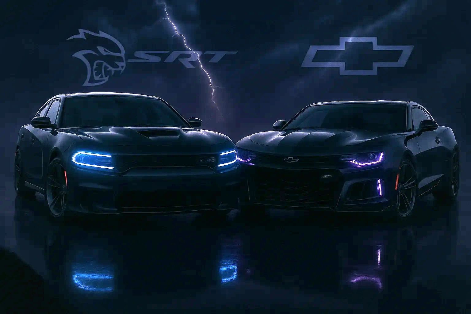 Two sleek muscle cars with glowing headlights face each other under stormy skies.