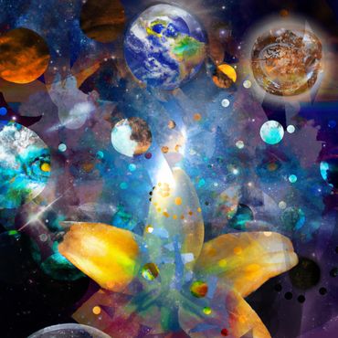 Abstract cosmic scene blending planets and floral shapes in vibrant colors.
