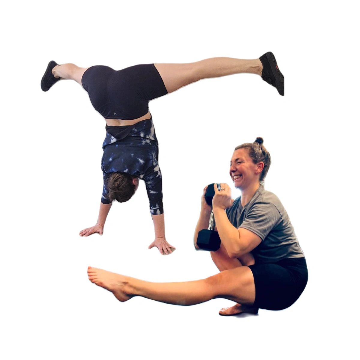 Two women performing fitness exercises, one handstand, one weighted squat.