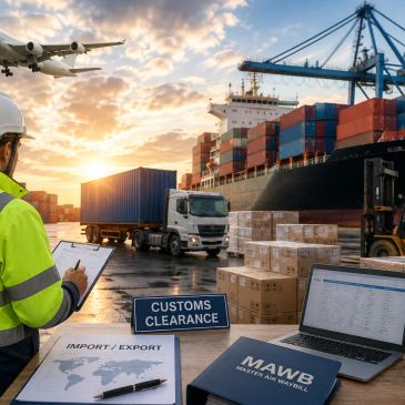 Customs clearance at busy shipping port during sunset.