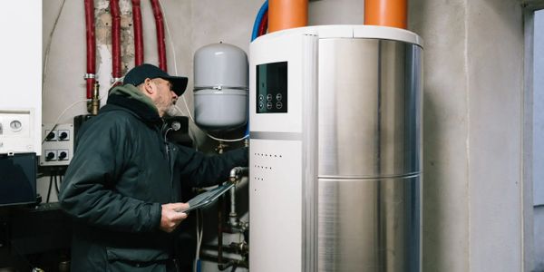 Technician inspecting a modern boiler system in a utility room.