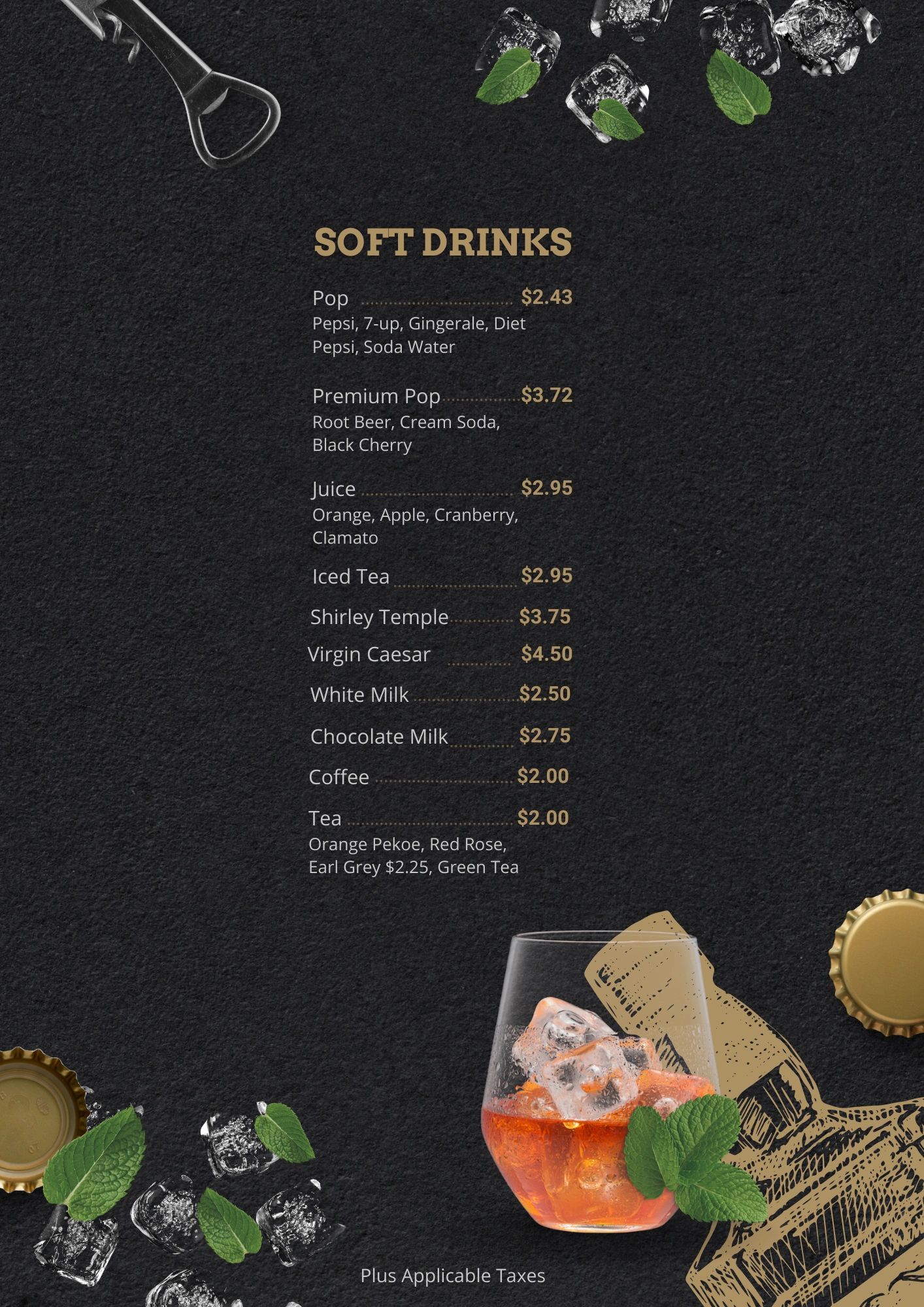 Soft drinks menu