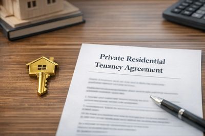Private residential tenancy agreement with a pen and house key on a wooden desk.