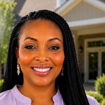 Smiling woman with braided hair standing outdoors in front of a house.