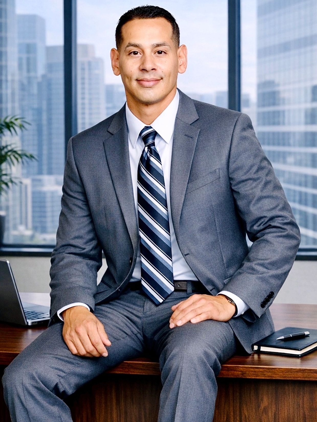 image of John P. Figueroa sitting on desk in office.