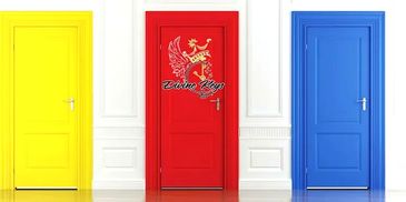 Three colorful doors in yellow, red with emblem, and blue against a white wall.