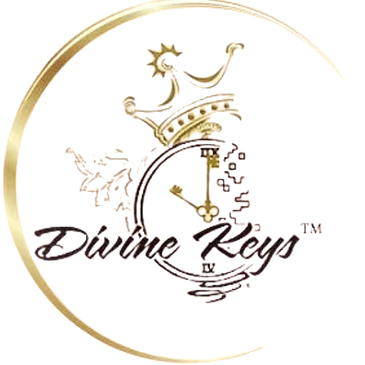 Elegant logo with a golden crescent, clock, key, and crown, labeled Divine Keys.