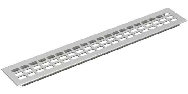 Long, rectangular metal vent cover with square holes in a grid pattern.