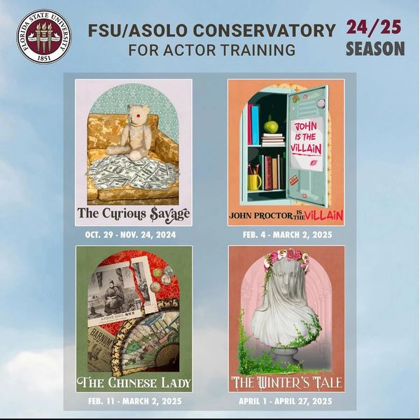 Poster announcing the four shows of the 2024/25 season at FSU/Asolo Conservatory for Actor Training