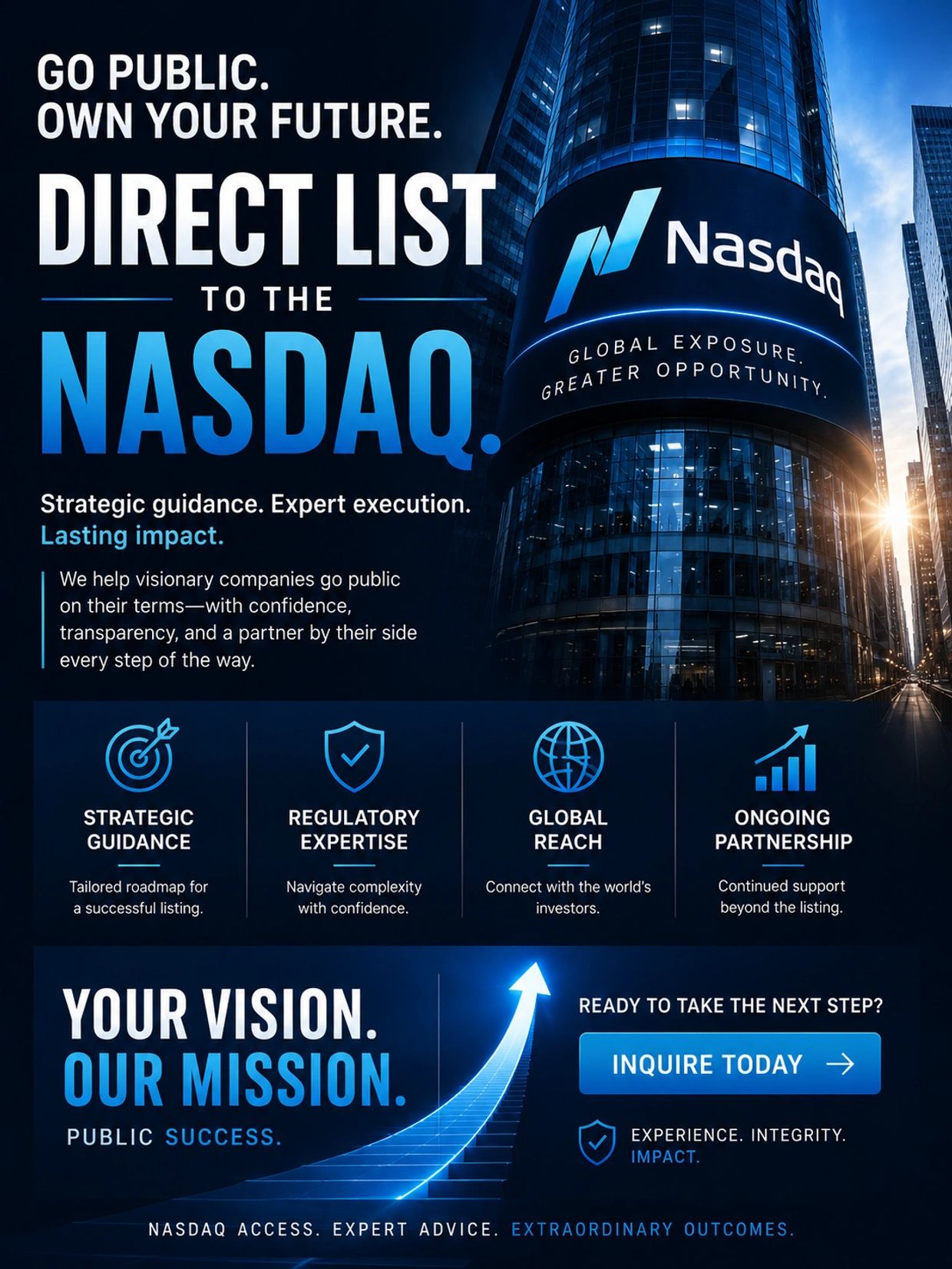 Advertisement promoting direct listing on NASDAQ with expert guidance and global reach.
