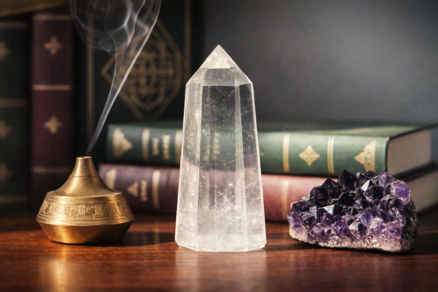 A clear quartz crystal, amethyst cluster, and incense burner on a wooden table with old books.