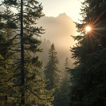 Sunlight filters through dense pine trees in a misty mountain forest.