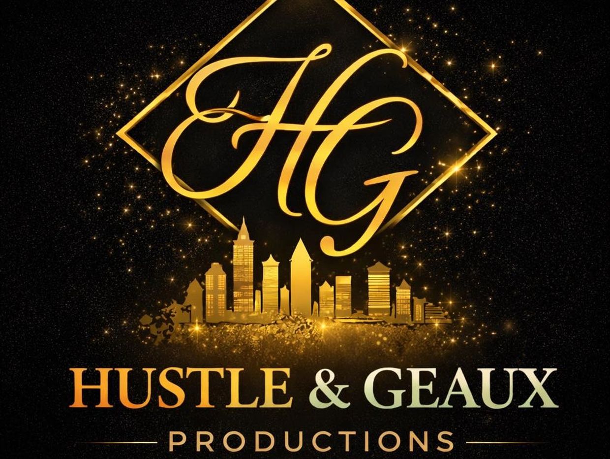 Gold Hustle & Geaux Productions logo with city skyline on black background.