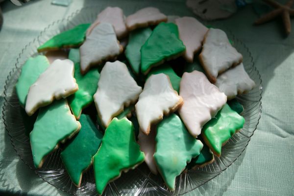 Green and white cookies in the shape of the state of Maine