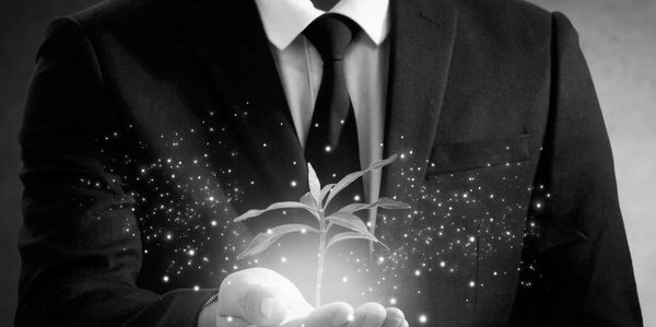 Businessman holding a glowing plant symbolizing growth and innovation.