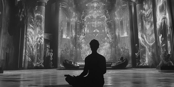 Person meditating in a vibrant, mystical temple with colorful light projections.