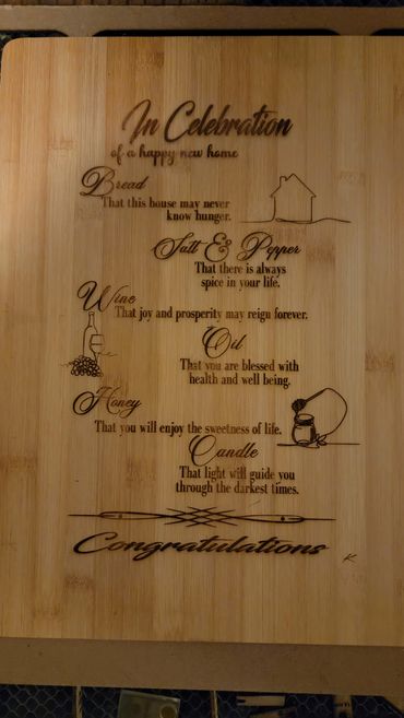 Cutting board-Bread, Salt and Pepper, Wine, Oil Honey, and Candle.  Use this beautiful board to crea