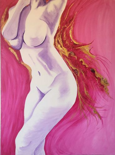 Abstract painting of a nude figure in purple tones with pink, gold, and crimson textured background