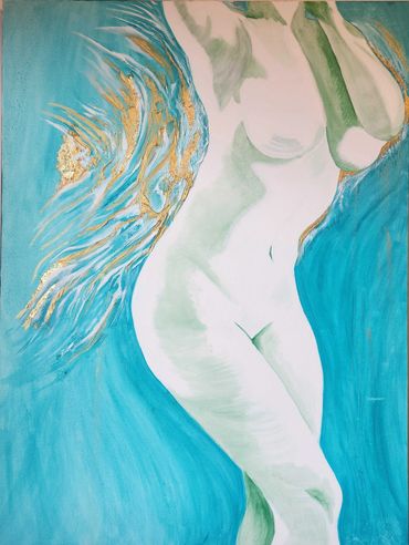 Abstract painting of a nude figure in soft green and white tones, surrounded by gold and blue waves