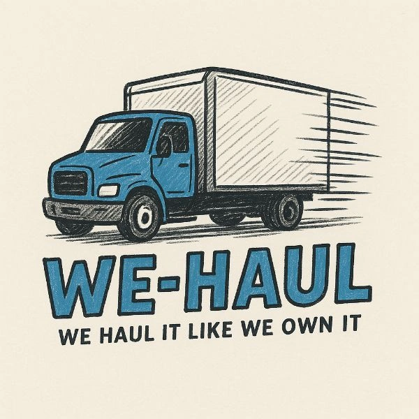 Moving truck in motion with We-Haul in blue letters and We Haul It Like We Own It in black letters.