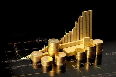 Stacks of gold coins with a rising bar graph in the background.