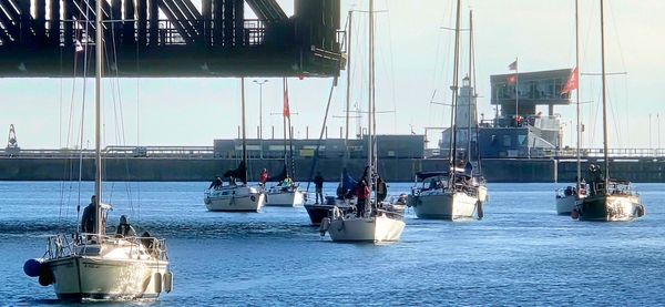 Sailboats passing under a bridge in calm waters.