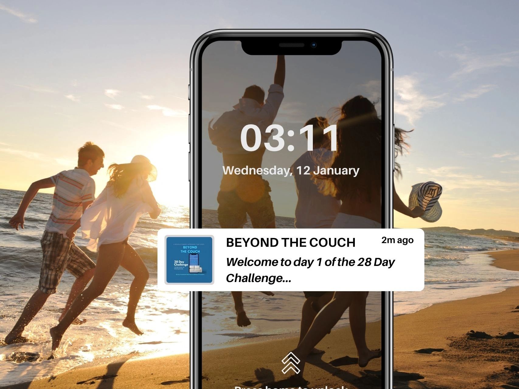 Friends joyfully running on the beach at sunset, displayed through a phone screen.