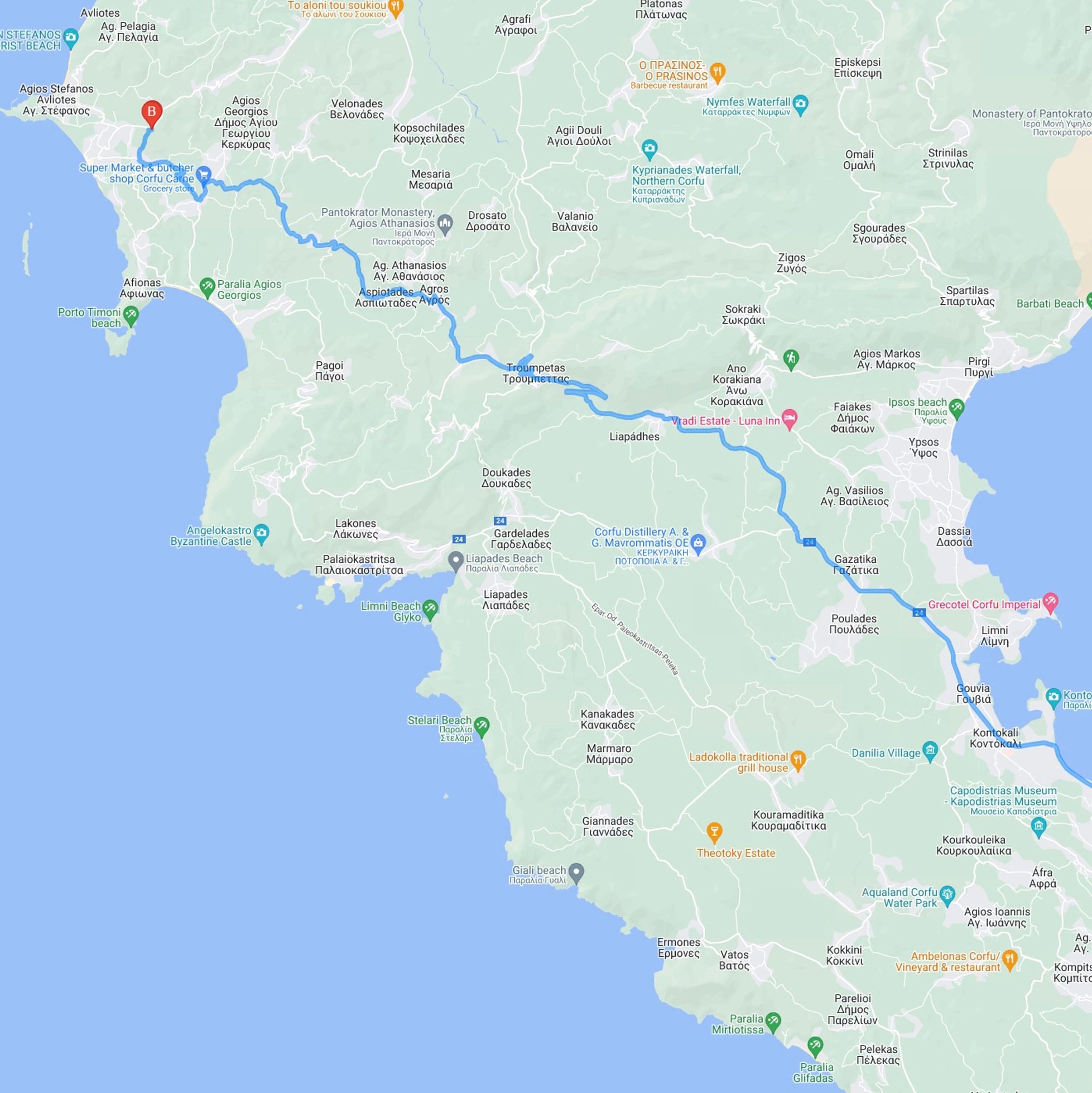 Map showing direction to Corfu Buddha Hall from Corfu International Airport - about 22 miles or 30 k