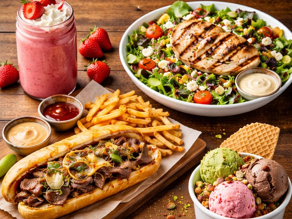 A delicious meal with a steak sandwich, grilled chicken salad, strawberry milkshake, fries, and ice cream.