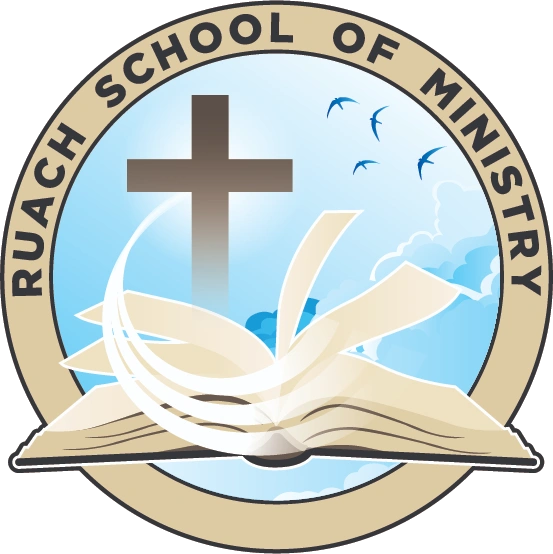 Logo of Ruach School of Ministry with a cross, open Bible, and flying birds.
