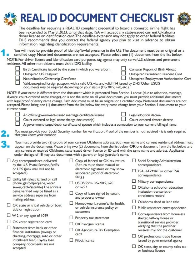 This is the Oklahoma Real ID Checklist