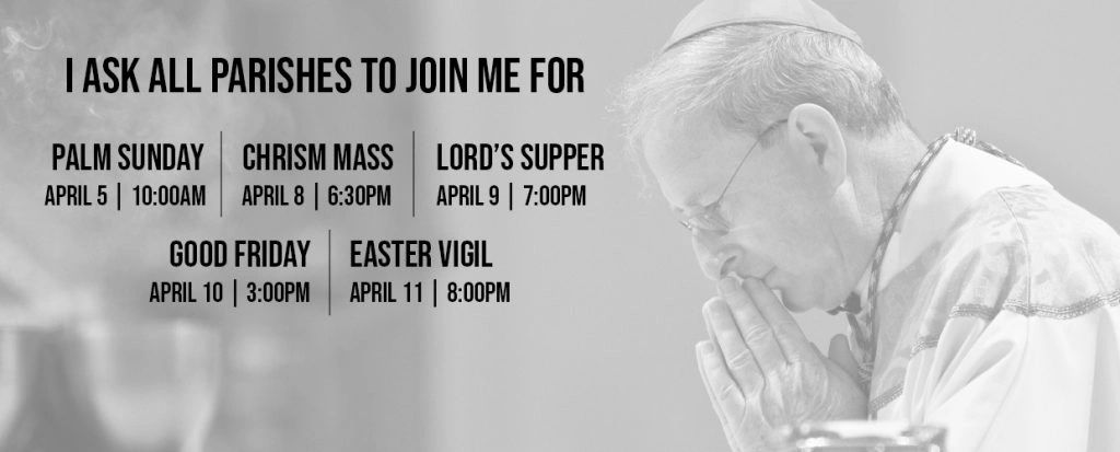 Religious schedule invitation for Holy Week events with a praying clergy member.