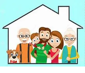 Happy family with grandparents and a dog in a house.