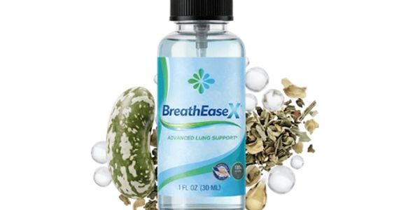 BreathEaseX lung support supplement with natural ingredients in a dropper bottle.