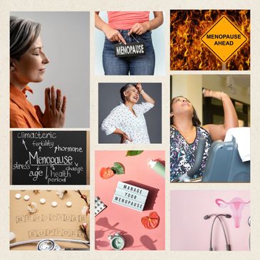 Collage of images representing menopause awareness, support, and management.
