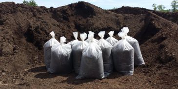 Plastic bags filled with soil or compost placed on the ground outdoors.