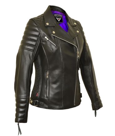 Black leather biker jacket with quilted sleeves and silver zippers.