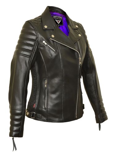 Black leather biker jacket with quilted sleeves and silver zippers. HU Leathers
