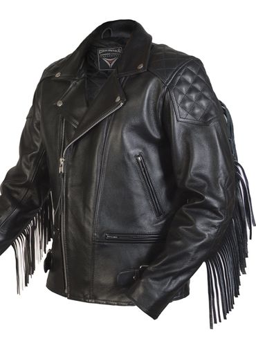 Black leather biker jacket with fringe details and quilted shoulder patches.