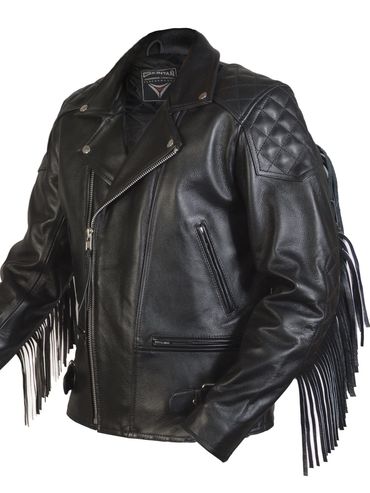 Black leather biker jacket with fringe details and quilted shoulder patches. HU Leathers